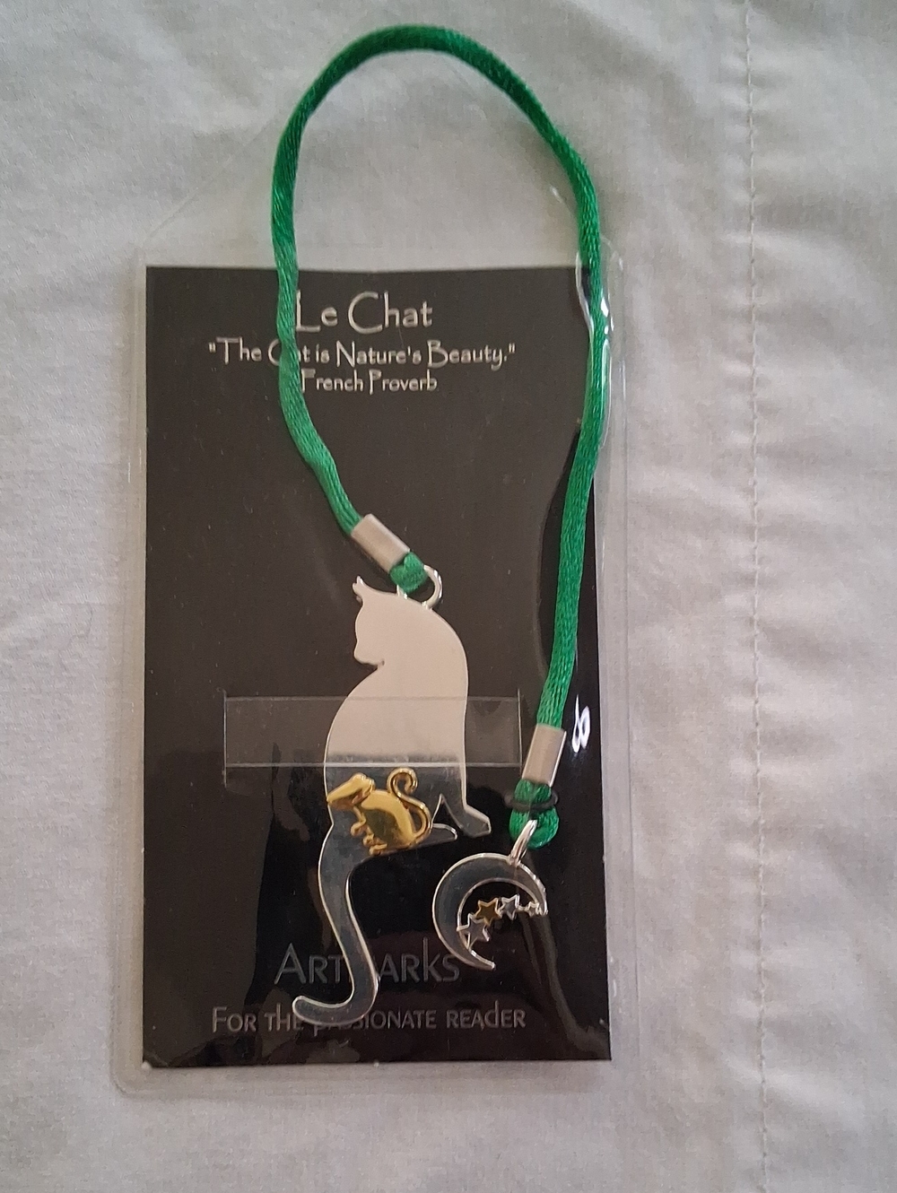 Green Cat Bookmark with Gold Mouse